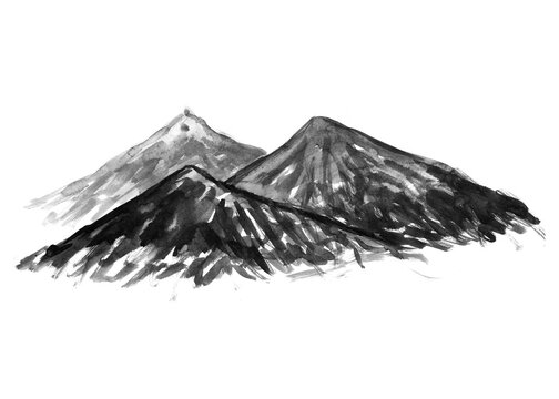 Watercolor drawing of three mountains in black and white isolated on a white horizontal background. Hand drawn raster illustration of a mountain range (hills)