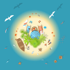 Fototapeta premium Vector illustration. Island paradise. (top view) Summer time. A romantic vacation on the island in the sea. (View from above)