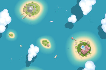 Seamless pattern. Tropical islands. Top view.
Time travel. Sea, islands, sun, beaches, yachts. View from abo