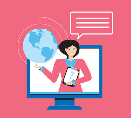 Online education, training and courses, learning, video tutorials. Teacher conducts an online lesson through a web application on the computer. E-learning banner. Home education. Flat design concept.
