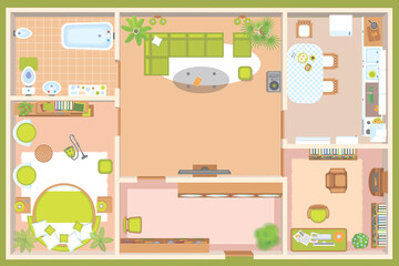 Vector illustration. Apartment floor plan. (top view) Furnished flat. (view from above)
Interior architecture. Living room, bedroom, kitchen, bathroom, office.