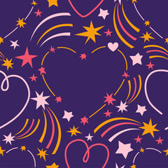 Seamless pattern heart on the starry sky. Cosmic background stars, comets, meteorites, constellations. Space Galaxy. Cosmic love and romance. Hand drawn vector illustration in Scandinavian style