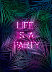Dark blue and violet tropical party design with palm leaves and neon letters. Summer night vector illustration.