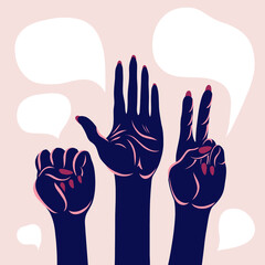 Poster with arms raised up. Open palm, fist, victory gesture. Civil unrest, demands, protection. Vector illustration.