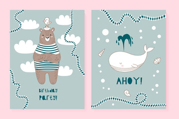 A set of two cards with a cute bear and whale