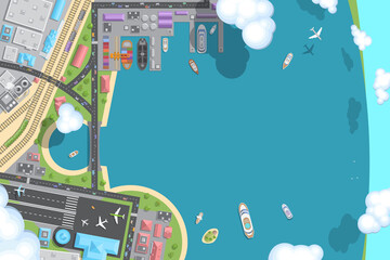 Vector illustration. Port, airports, roads, railways. Top view. Travel, transportation, trucking, logistics. View from above.  