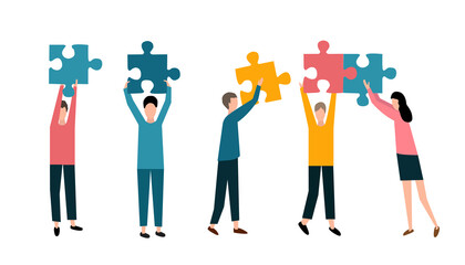 Effective teamwork. People putting puzzle pieces together on white background, vector illustration in flat style