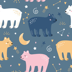 Childish seamless vector pattern with cute bear, stars, moon in Scandinavian style.