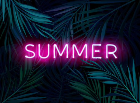 Dark blue and violet neon tropical design with palm leaves and 3d lettering. Summer night vector illustration.