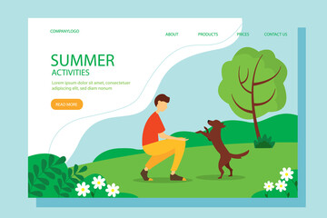Man playing with the dog in the Park. Conceptual illustration of outdoor recreation, active pastime. Summer vector illustration in flat style.