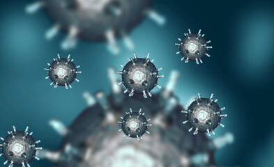 Illustration of virus cells or bacteria molecule under microscope. Abstract 3d illustration corona virus cells.Pathogen respiratory influenza. Flying Covid virus cells