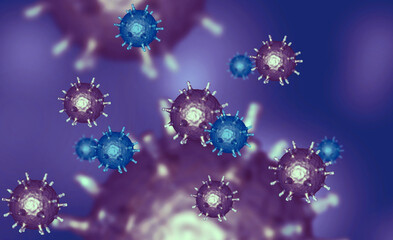 Illustration of virus cells or bacteria molecule under microscope. Abstract 3d illustration corona virus cells.Pathogen respiratory influenza. Flying Covid virus cells