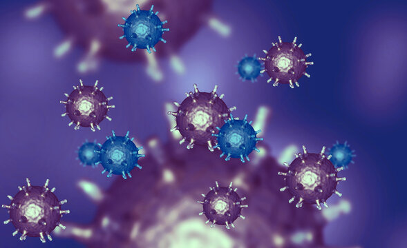 Illustration of virus cells or bacteria molecule under microscope. Abstract 3d illustration corona virus cells.Pathogen respiratory influenza. Flying Covid virus cells