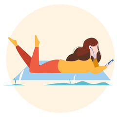 Happy girl listening to music in the fresh air. Illustration of the concept for relaxation and recreation. Vector illustration in flat style.