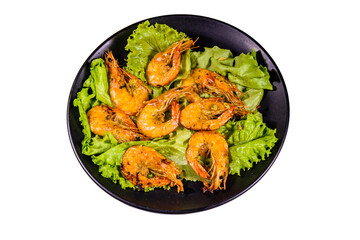 Plate with grilled shrimps and lettuce leaves isolated on a white background