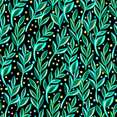 Fototapeta na wymiar Vivid neon seamless pattern with hand drawn green leaves on a black background