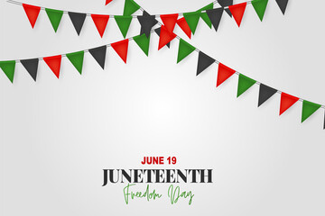 Juneteenth Freedom Day. 19 June African American Emancipation Day. Annual American holiday. Black, red, and green banner background with lettering and bunting flags. Vector illustration.