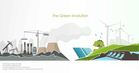 evolution of renewable energy concept of greening of the world. Vector illustration - obrazy, fototapety, plakaty