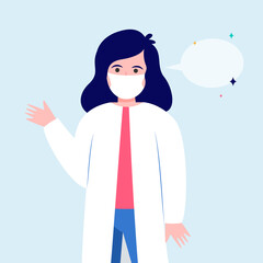 Obraz premium Female doctor and empty speech bubble. Mask, nurse, recommendation flat vector illustration. Communication and message concept for banner, website design or landing web page
