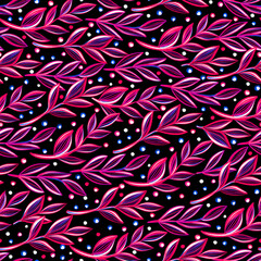 Vivid neon seamless pattern with hand drawn pink leaves on a black background