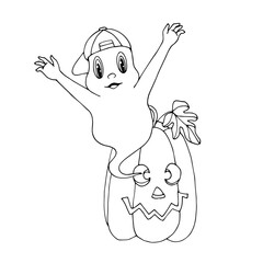 Cute cartoon ghost flying out of a pumpkin. White and black vector illustration for coloring book. Halloween theme.