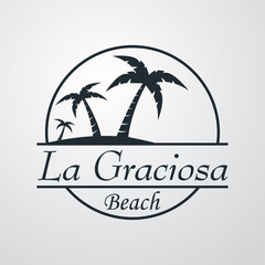 Símbolo destino de vacaciones. Icono plano texto La Graciosa Beach en círculo con playa y palmeras en fondo gris