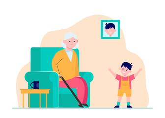 Grandma sitting in armchair and little grandson smiling. Kid, boy, generation flat vector illustration. Family and parenting concept for banner, website design or landing web page