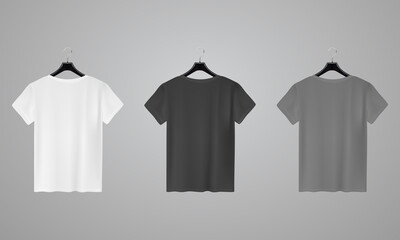 Realistic shirt mock up set. T-shirt template. White, black and gray version, front view.