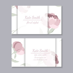 Naklejka na ściany i meble Business card with floral design. Vector template, scalable to standard 3.5x2 inch size. Pink peonies background