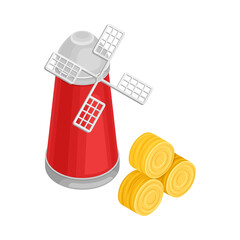Flour Mill with Rotating Wind-stick and Stacks of Hay Vector Isometric Illustration