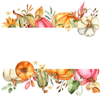 Watercolor banner with pumpkins, autumn leaves, flowers, branches, berries.