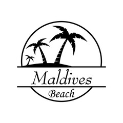Símbolo destino de vacaciones. Icono plano texto Maldives Beach en círculo con playa y palmeras en color negro