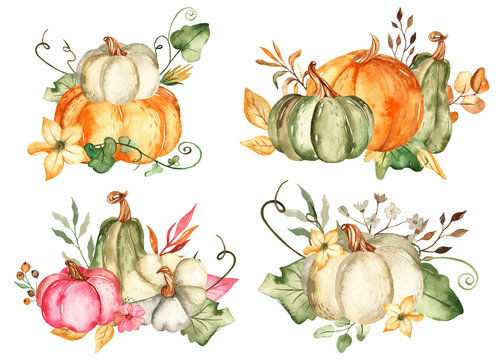Watercolor composition with pumpkins, autumn leaves, flowers, berries, branches.