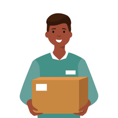 Young smiling African American man keeps parcel. Online delivery and courier service. Logistics concept. Colourful flat cartoon vector illustration isolated on white background.