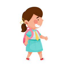 Girl Character Going to School with Backpack Vector Illustration
