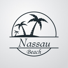 Símbolo destino de vacaciones. Icono plano texto Nassau Beach en círculo con playa y palmeras en fondo gris