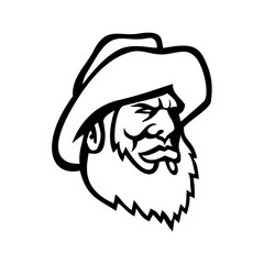 Old Fisherman or Fisher Wearing Bucket Hat Mascot Black and White