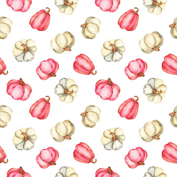 Watercolor seamless pattern with lilac and white pumpkins on a white background.