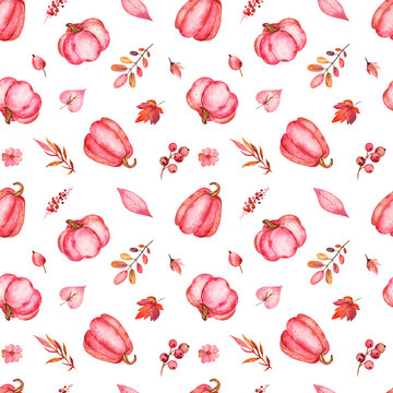 Watercolor seamless pattern with lilac pumpkins, leaves, branches on a white background.