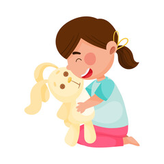Cute Girl Character Playing with Toy Hare Hugging It Vector Illustration