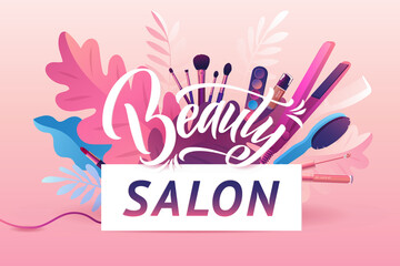 Beauty Salon. Colorful Makeup and Hair Style decorative illustration with haircut accessories and Make-up equipment with big white letters. Realistic Poster. Vector Illustration Pink Colors