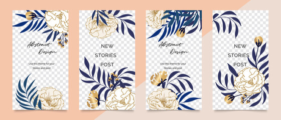 Social media stories and post creative vector set. Abstract shapes background template with floral and copy space for text and images. Vector illustration.