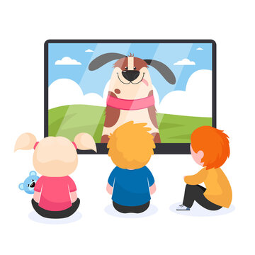 Children watching TV flat vector illustration. Kids sitting near television screen and watching cartoon film or movie. Technology and entertainment concept