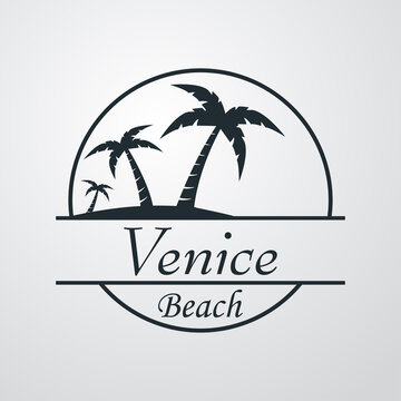 Símbolo destino de vacaciones. Icono plano texto Venice Beach en círculo con playa y palmeras en fondo gris