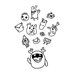 Funny characters and doodles collection. Vector illustration. for the design of t-shirts, children s clothing, fabrics, games, applications, the idea of a soft toy, the design of dishes and mugs