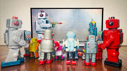 retro robots watching the TV news police shootings 