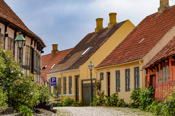 Fototapeta na wymiar Ebeltoft, Denmark Quaint cobblestoned streets in the old town.