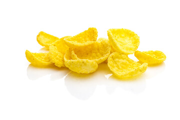 Healthy grains Cornflakes milk breakfast. Snack Cereal corn flakes isolated on white background. Clean-eating food with antioxidant, omega-3, protein and copy space.