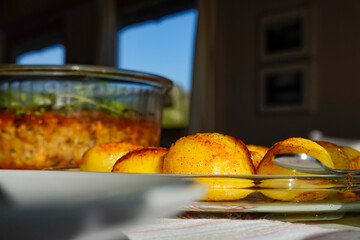 Hirtshals, Denmark  Roasted potatoes and a fish pudding.