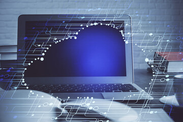 Multi exposure of computer on background and technology theme drawing. Concept of innovation.